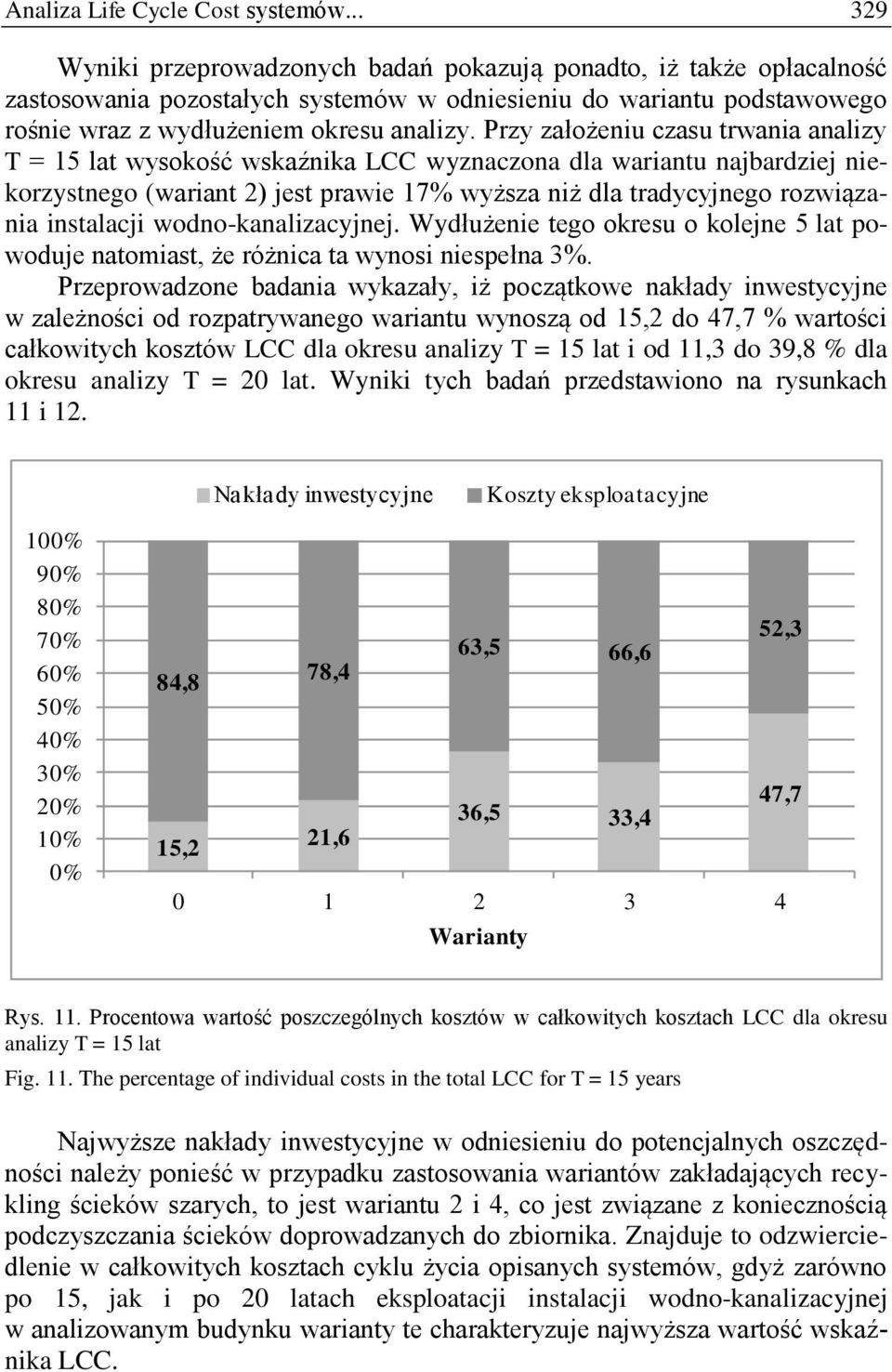 Przy założeniu czasu trwania analizy T = 15 lat wysokość wskaźnika LCC wyznaczona dla wariantu najbardziej niekorzystnego (wariant 2) jest prawie 17% wyższa niż dla tradycyjnego rozwiązania