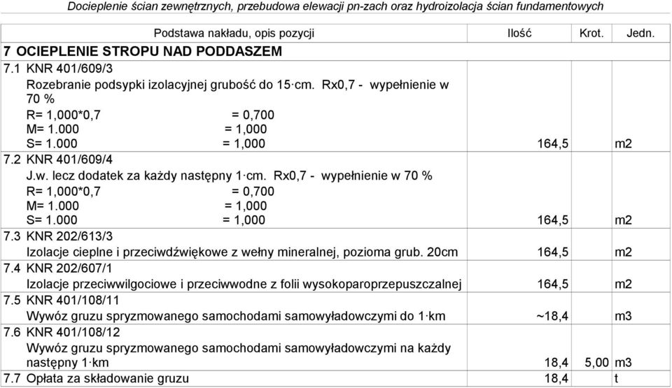 3 KNR 202/613/3 Izolacje cieplne i przeciwdźwiękowe z wełny mineralnej, pozioma grub. 20cm 164,5 m2 7.