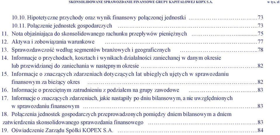 Informacje o przychodach, kosztach i wynikach działalności zaniechanej w danym okresie lub przewidzianej do zaniechania w następnym okresie.82 15.