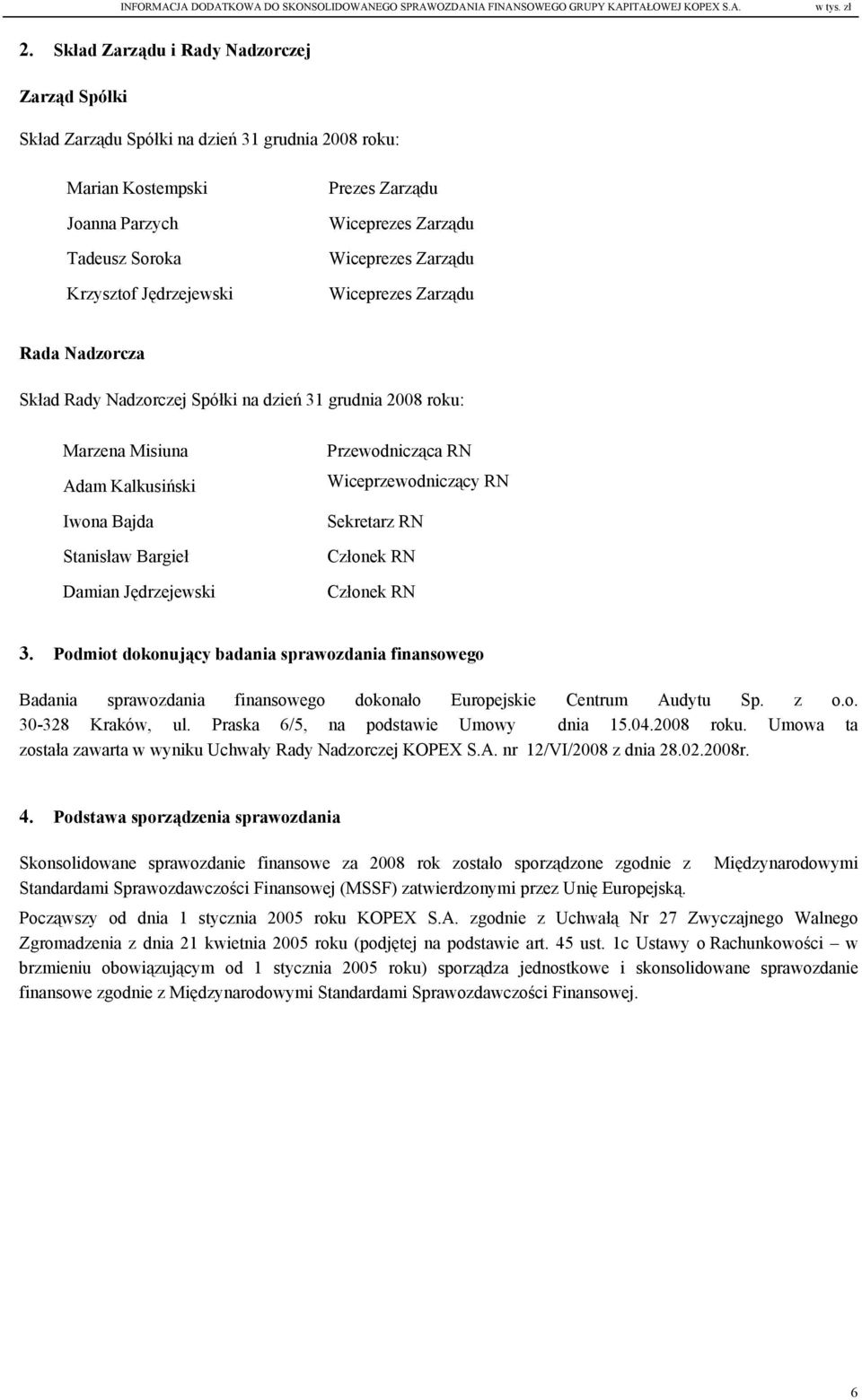 Zarządu Wiceprezes Zarządu Wiceprezes Zarządu Rada Nadzorcza Skład Rady Nadzorczej Spółki na dzień 31 grudnia 2008 roku: Marzena Misiuna Adam Kalkusiński Iwona Bajda Stanisław Bargieł Damian