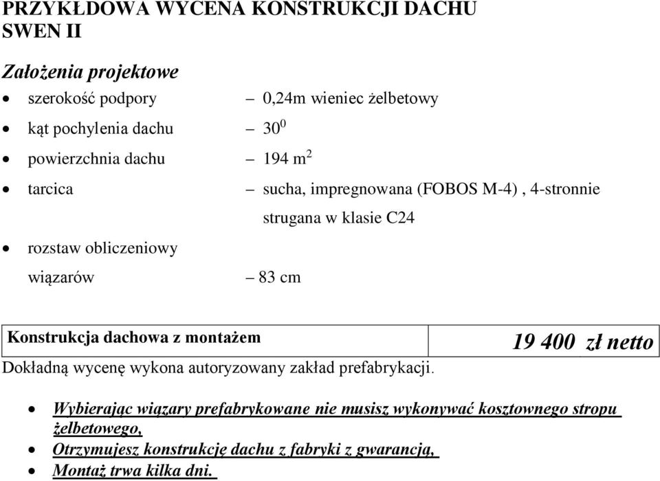 cm Konstrukcja dachowa z montażem Dokładną wycenę wykona autoryzowany zakład prefabrykacji.