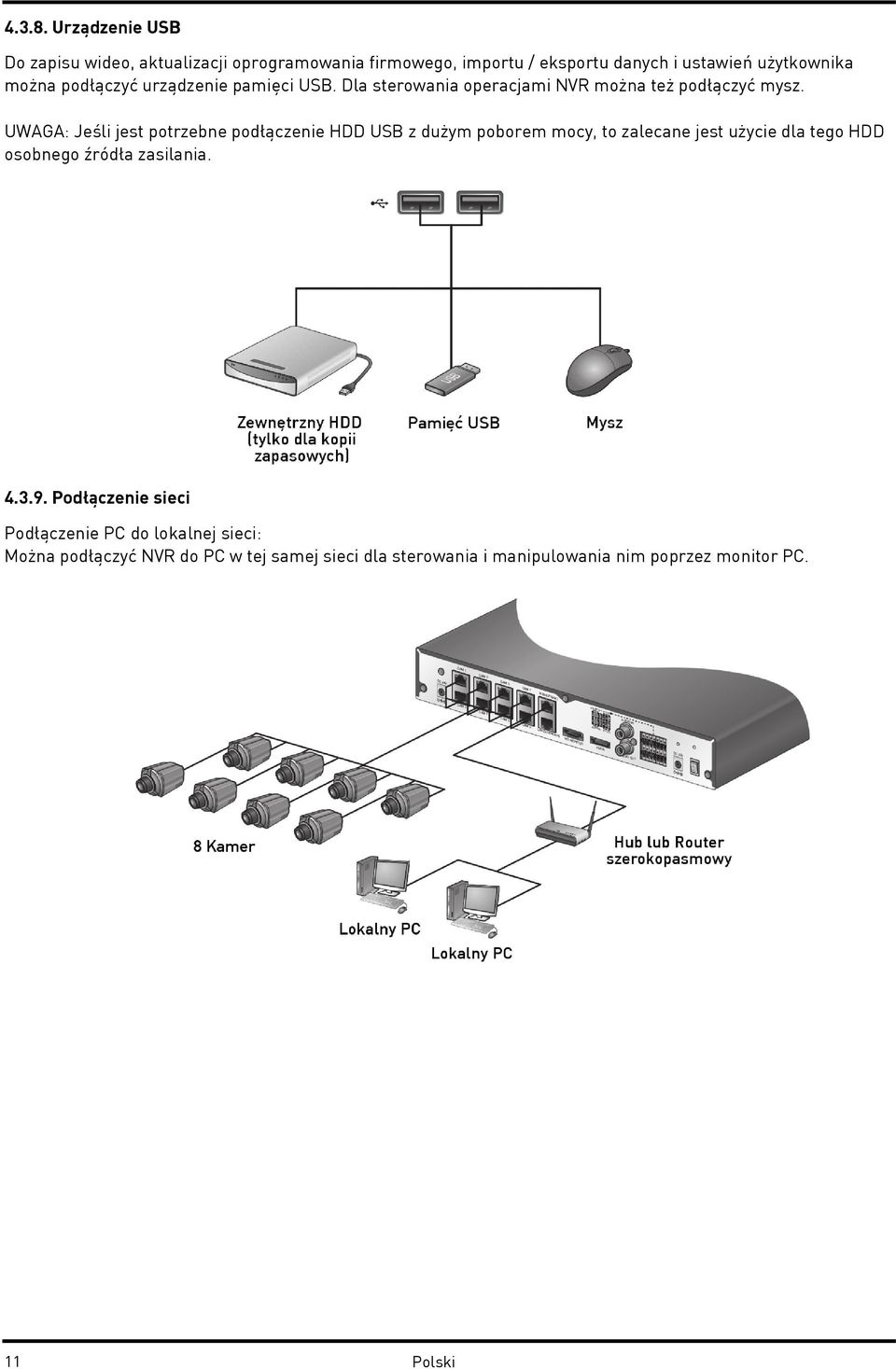 podłączyć urządzenie pamięci USB. Dla sterowania operacjami NVR można też podłączyć mysz.