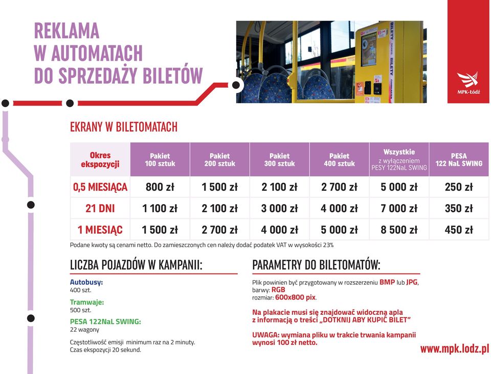 LICZBA POJAZDÓW W KAMPANII: Autobusy: 400 szt. Tramwaje: 500 szt. PESA 122NaL SWING: 22 wagony Częstotliwość emisji minimum raz na 2 minuty. Czas ekspozycji 20 sekund.