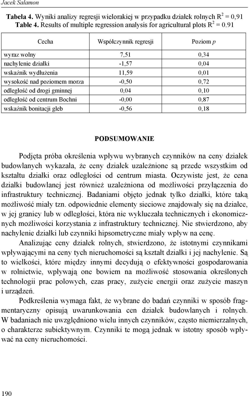 odległość od centrum Bochni -0,00 0,87 wskaźnik bonitacji gleb -0,56 0,18 PODSUMOWANIE Podjęta próba określenia wpływu wybranych czynników na ceny działek budowlanych wykazała, że ceny działek