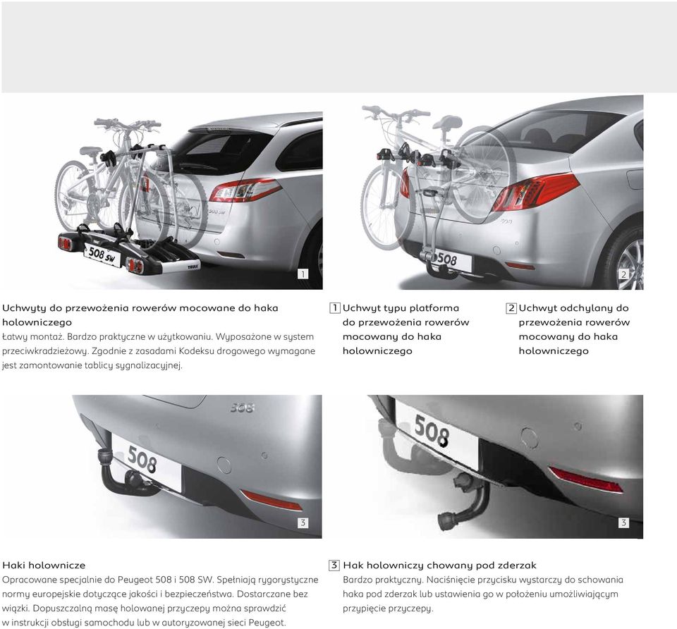 1 Uchwyt typu platforma do przewożenia rowerów mocowany do haka holowniczego 2 Uchwyt odchylany do przewożenia rowerów mocowany do haka holowniczego 3 3 Haki holownicze Opracowane specjalnie do
