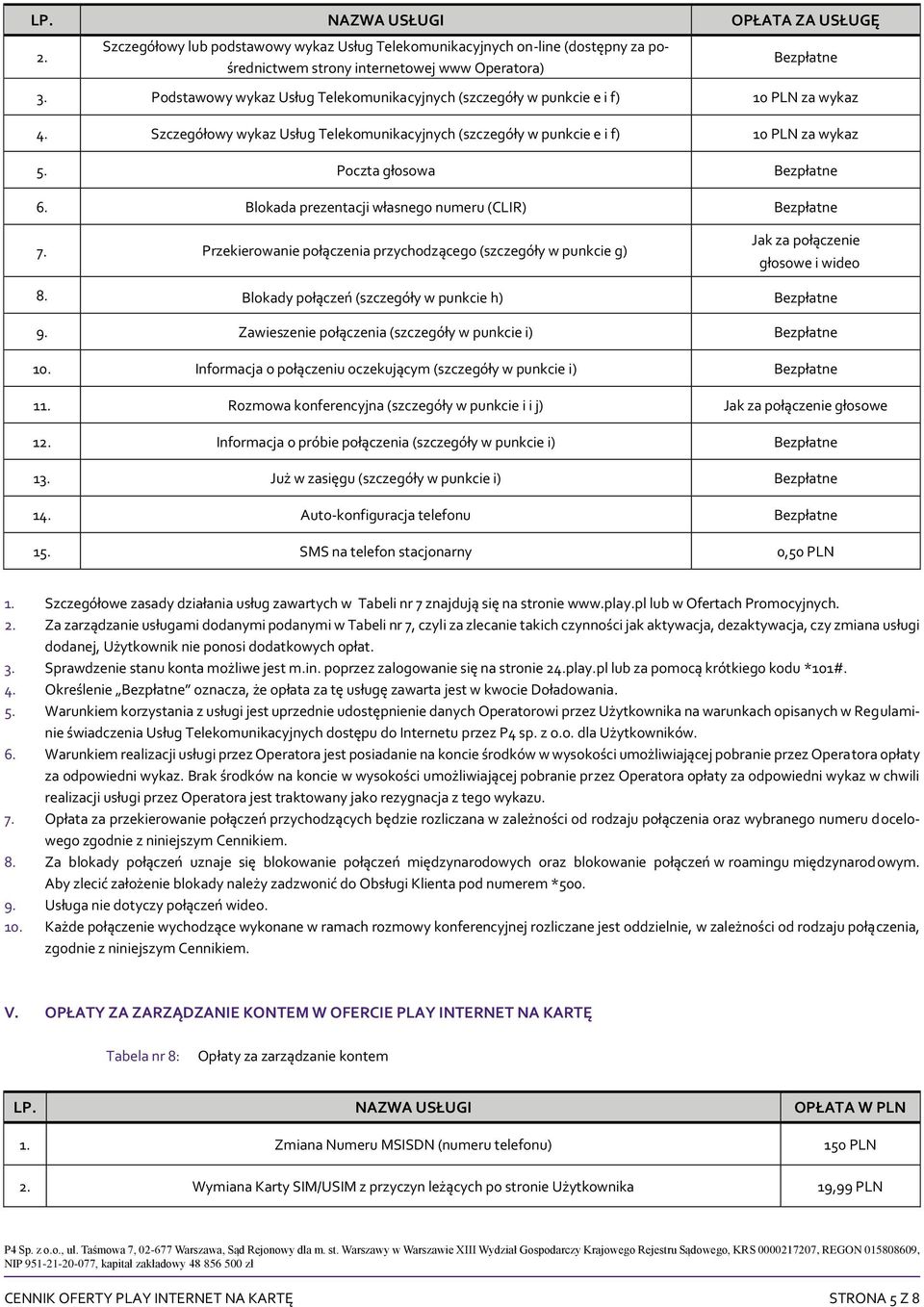 Poczta głosowa Bezpłatne 6. Blokada prezentacji własnego numeru (CLIR) Bezpłatne 7. Przekierowanie połączenia przychodzącego (szczegóły w punkcie g) Jak za połączenie głosowe i wideo 8.