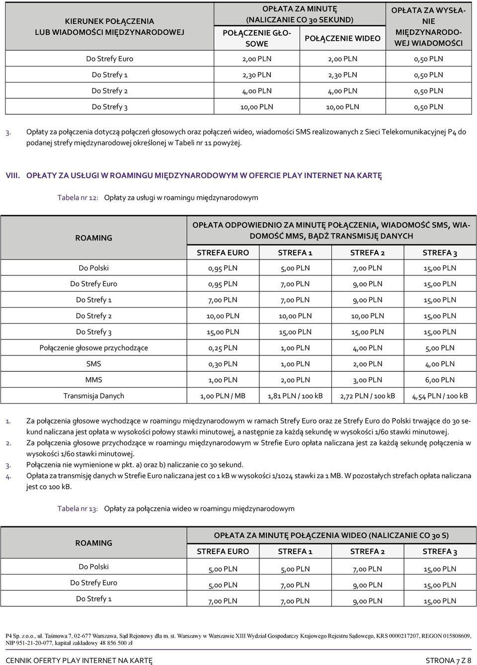 Opłaty za połączenia dotyczą połączeń głosowych oraz połączeń wideo, wiadomości SMS realizowanych z Sieci Telekomunikacyjnej P4 do podanej strefy międzynarodowej określonej w Tabeli nr 11 powyżej.