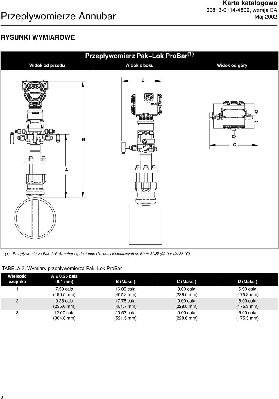 Wymiary przepływomierza Pak Lok ProBar Wielkość czujnika 1 7.50 cala (190.5 mm) 2 9.25 cala (235.0 mm) 3 12.00 cala (304.8 mm) A ± 0.