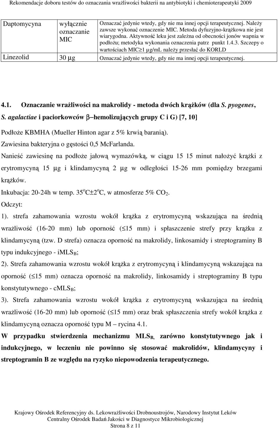 Szczepy o wartościach MIC 1 µg/ml należy przesłać do KORLD Linezolid 30 µg Oznaczać jedynie wtedy, gdy nie ma innej opcji terapeutycznej. 4.1. Oznaczanie wrażliwości na makrolidy - metoda dwóch krążków (dla S.