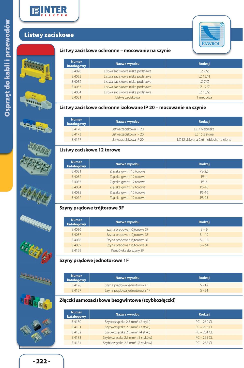 4051 Listwa zaciskowa 1 metrowa Listwy zaciskowe ochronne izolowane IP 20 mocowanie na szynie Numer katalogowy Nazwa wyrobu Rodzaj E.4170 Listwa zaciskowa IP 20 LZ 7 niebieska E.