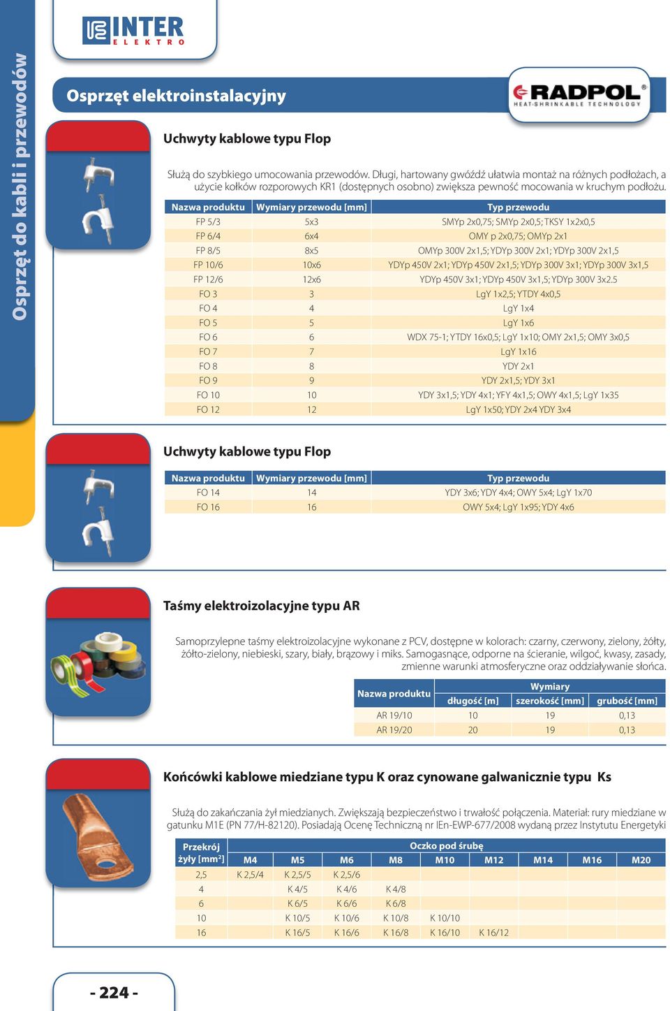 Nazwa produktu Wymiary przewodu [mm] Typ przewodu FP 5/3 5x3 SMYp 2x0,75; SMYp 2x0,5; TKSY 1x2x0,5 FP 6/4 6x4 OMY p 2x0,75; OMYp 2x1 FP 8/5 8x5 OMYp 300V 2x1,5; YDYp 300V 2x1; YDYp 300V 2x1,5 FP 10/6