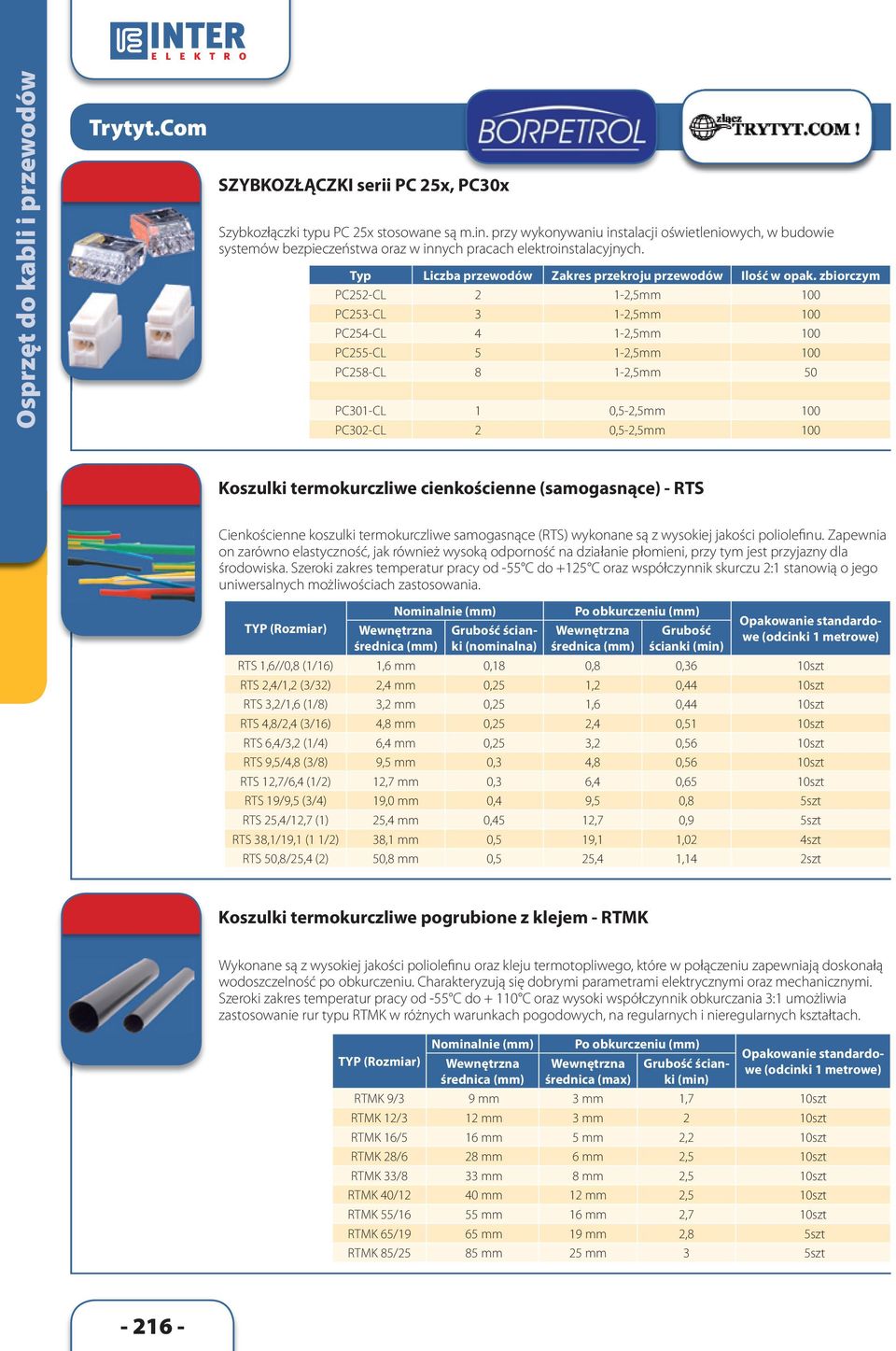 zbiorczym PC252-CL 2 1-2,5mm 100 PC253-CL 3 1-2,5mm 100 PC254-CL 4 1-2,5mm 100 PC255-CL 5 1-2,5mm 100 PC258-CL 8 1-2,5mm 50 PC301-CL 1 0,5-2,5mm 100 PC302-CL 2 0,5-2,5mm 100 Koszulki termokurczliwe