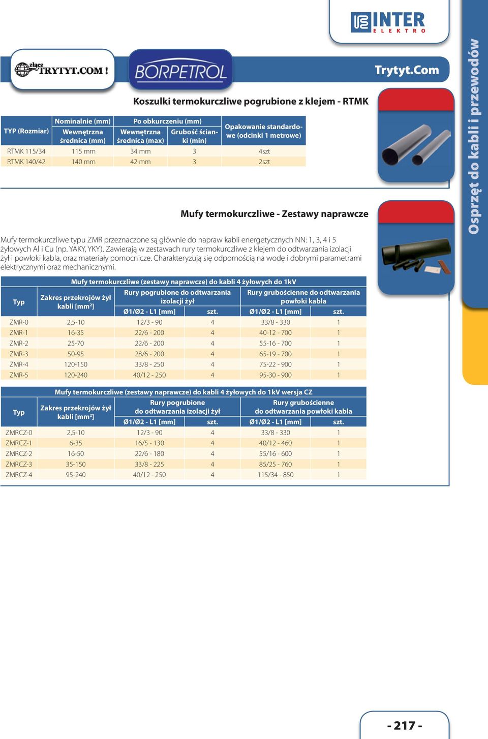 energetycznych NN: 1, 3, 4 i 5 żyłowych Al i Cu (np. YAKY, YKY). Zawierają w zestawach rury termokurczliwe z klejem do odtwarzania izolacji żył i powłoki kabla, oraz materiały pomocnicze.