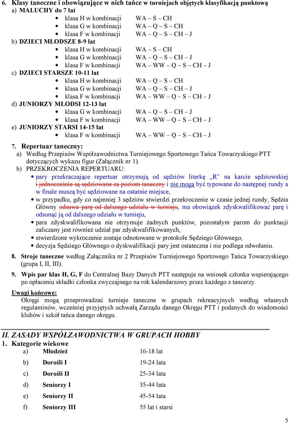 kombinacji WA Q S CH J klasa F w kombinacji WA WW Q S CH J d) JUNIORZY MŁODSI 12-13 lat klasa G w kombinacji WA Q S CH J klasa F w kombinacji WA WW Q S CH J e) JUNIORZY STARSI 14-15 lat klasa F w