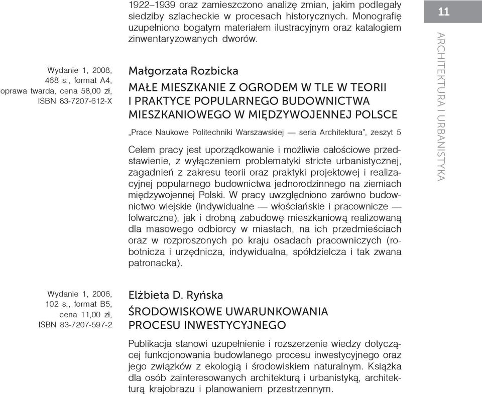 Małgorzata Rozbicka MAŁE MIESZKANIE Z OGRODEM W TLE W TEORII I PRAKTYCE POPULARNEGO BUDOWNICTWA MIESZKANIOWEGO W MIĘDZYWOJENNEJ POLSCE Prace Naukowe Politechniki Warszawskiej seria Architektura,