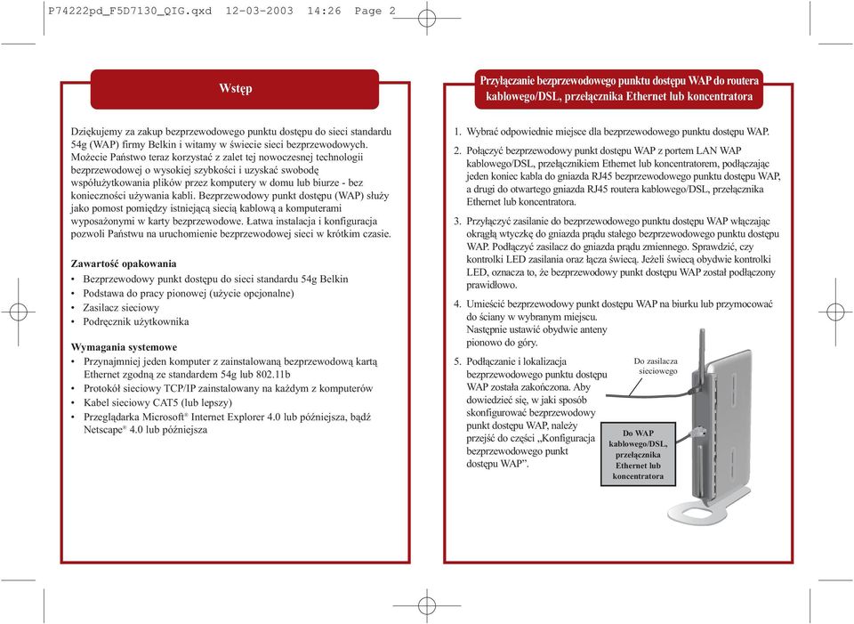 do sieci standardu 54g (WAP) firmy Belkin i witamy w świecie sieci bezprzewodowych.