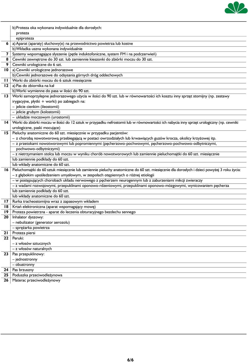 10 a) Cewniki urologiczne jednorazowe b)cewniki jednorazowe do odsysania górnych dróg oddechowych 11 Worki do zbiórki moczu do 6 sztuk miesięcznie 12 a) Pas do zbiornika na kał b)worki wymienne do