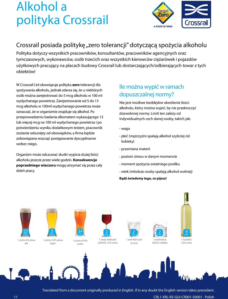 W Crossrail Ltd obowiązuje polityka zero tolerancji dla spożywania alkoholu, jednak zdarza się, że u niektórych osób można zarejestrować do 5 mcg alkoholu w 100 ml wydychanego powietrza.