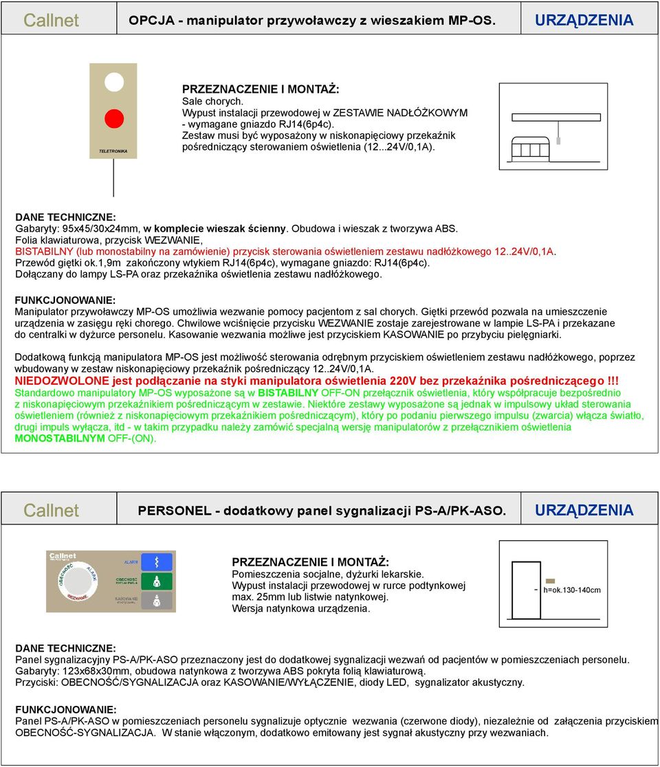 Obudowa i wieszak z tworzywa ABS. Folia klawiaturowa, przycisk, BISTABILNY (lub monostabilny na zamówienie) przycisk sterowania oświetleniem zestawu nadłóżkowego 12..24V/0,1A. Przewód giętki ok.