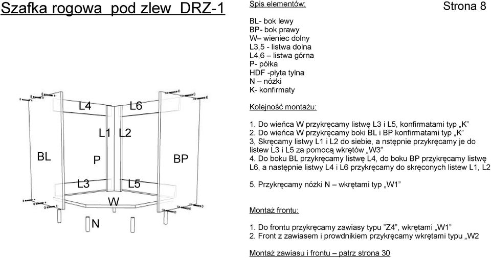 Do wieńca W przykręcamy boki i konfirmatami typ 3, Skręcamy listwy L1 i L2 do siebie, a nstępnie przykręcamy je do listew L3 i L5 za pomocą wkrętów W3 4.