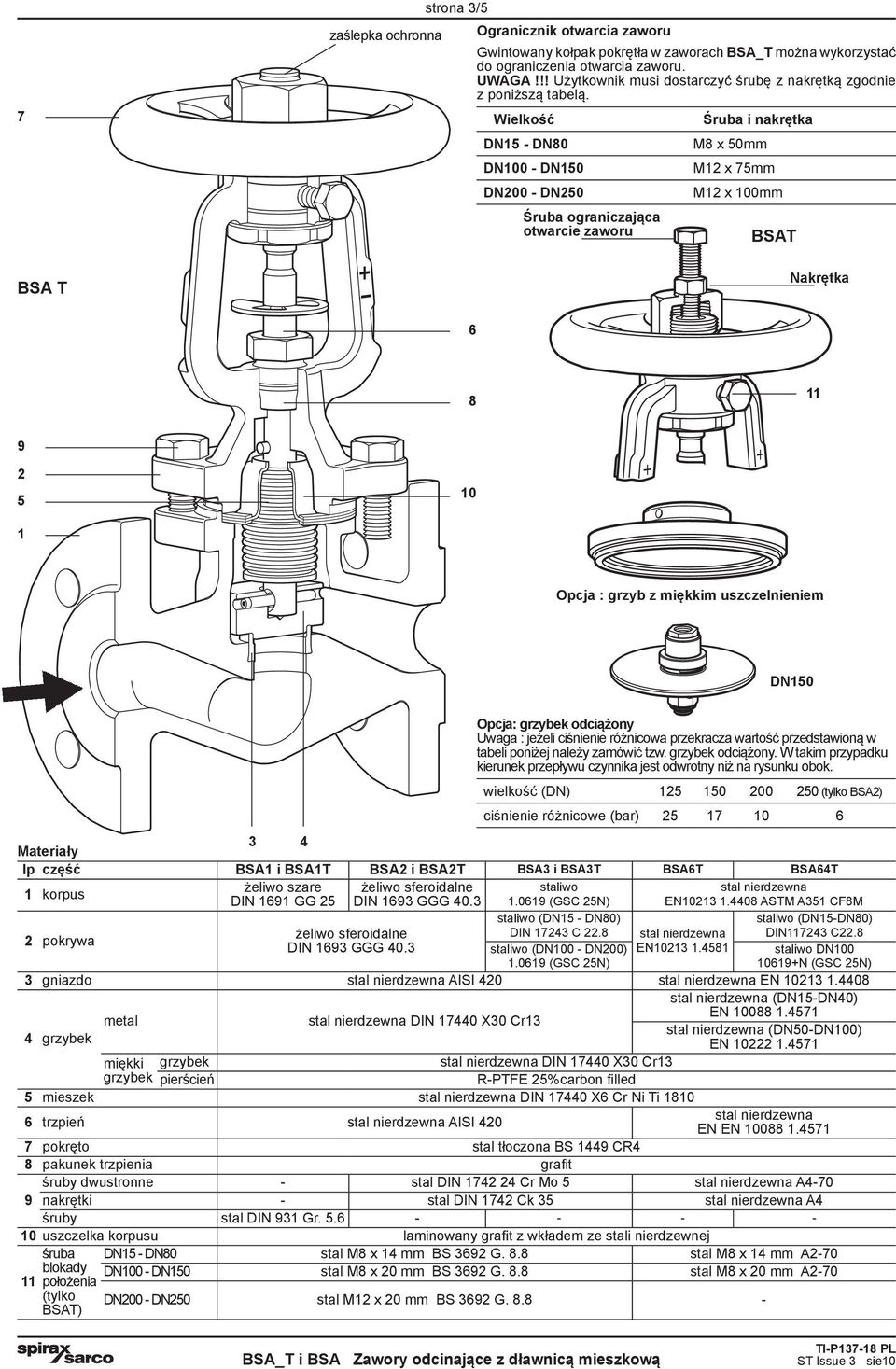 Wielkość DN15 - DN8 DN - DN15 DN - DN25 Śruba ograniczająca otwarcie zaworu Śruba i nakrętka M8 x 5mm M12 x 75mm M12 x mm BSAT Nakrętka 6 8 11 9 2 5 1 1 Opcja : grzyb z miękkim uszczelm DN15 Opcja: