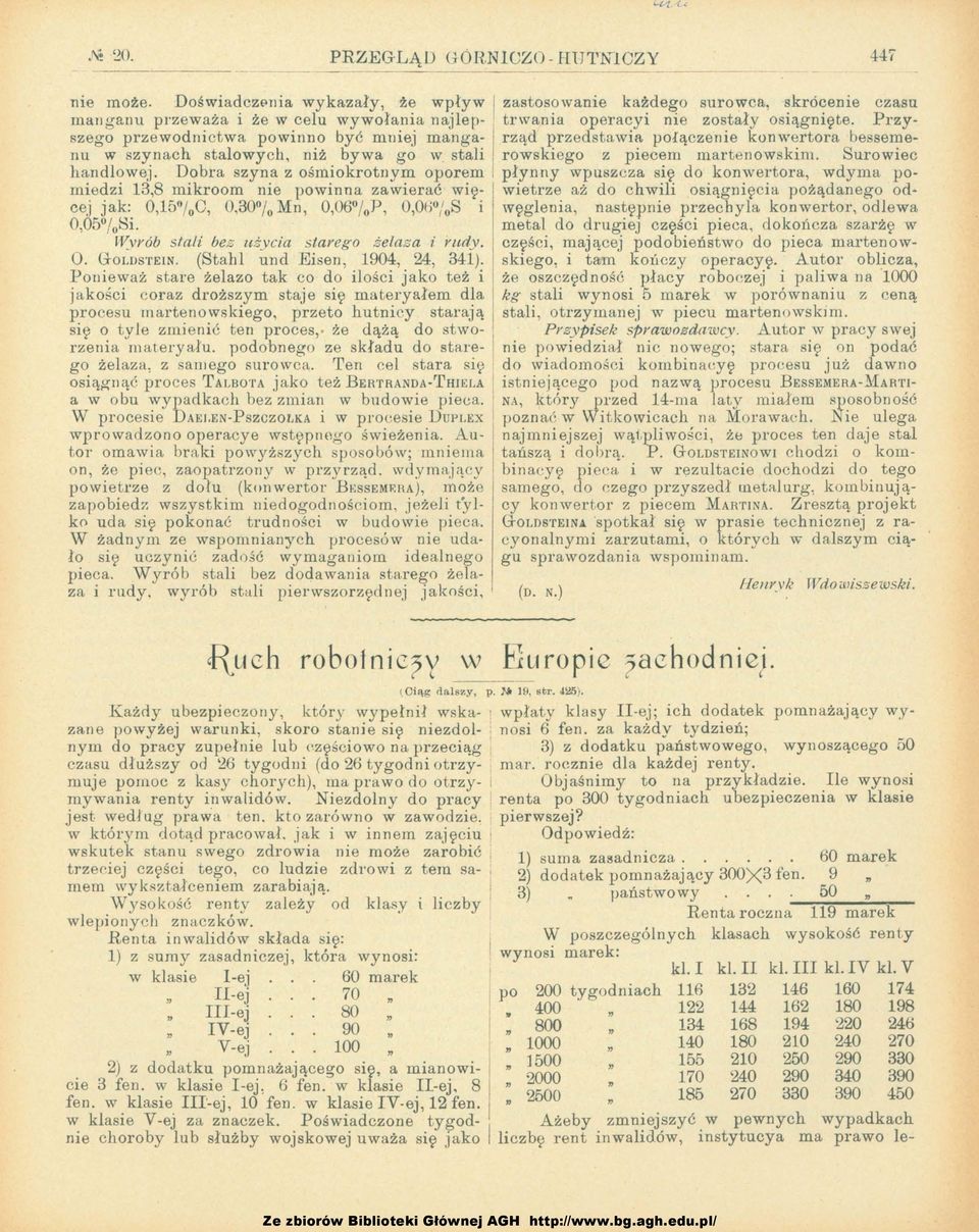 Dobra szyna z ośmiokrotnym oporem miedzi 3,8 mikroom nie powinna zawierać więcej jak: 0,50fo0, 0,300fo Mn, 0,060foP, O,OoOfoS i 0,050JoSi. W::vrób stai bez użycia starego żeaza i rudy. O. GoLDSTEIN.