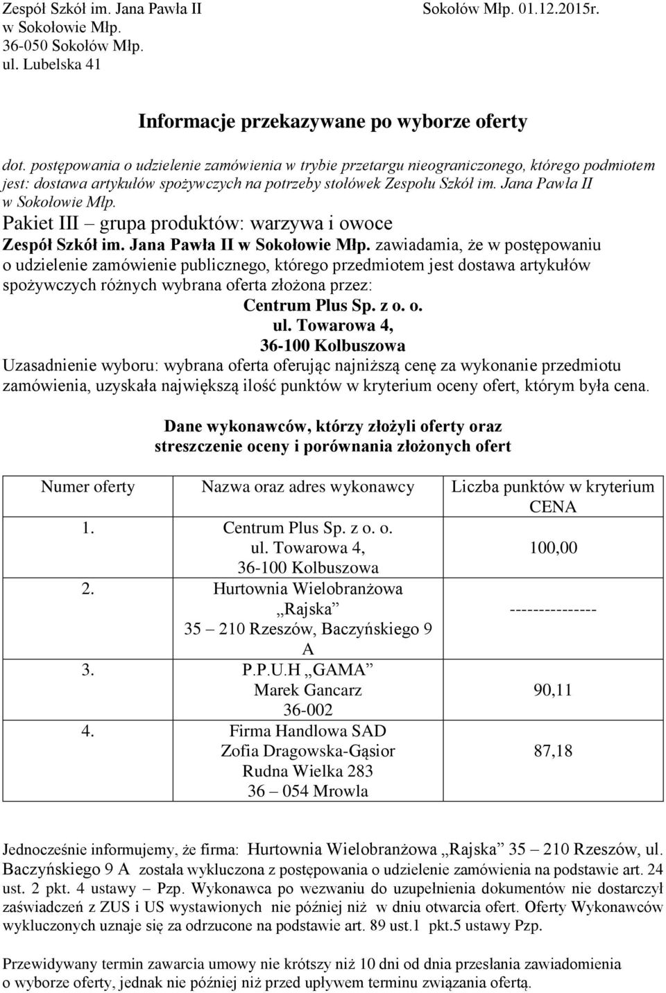 Hurtownia Wielobranżowa Rajska --------------- 35 210 Rzeszów, Baczyńskiego 9 A 3. P.P.U.H GAMA Marek Gancarz 90,11 36-002 4.