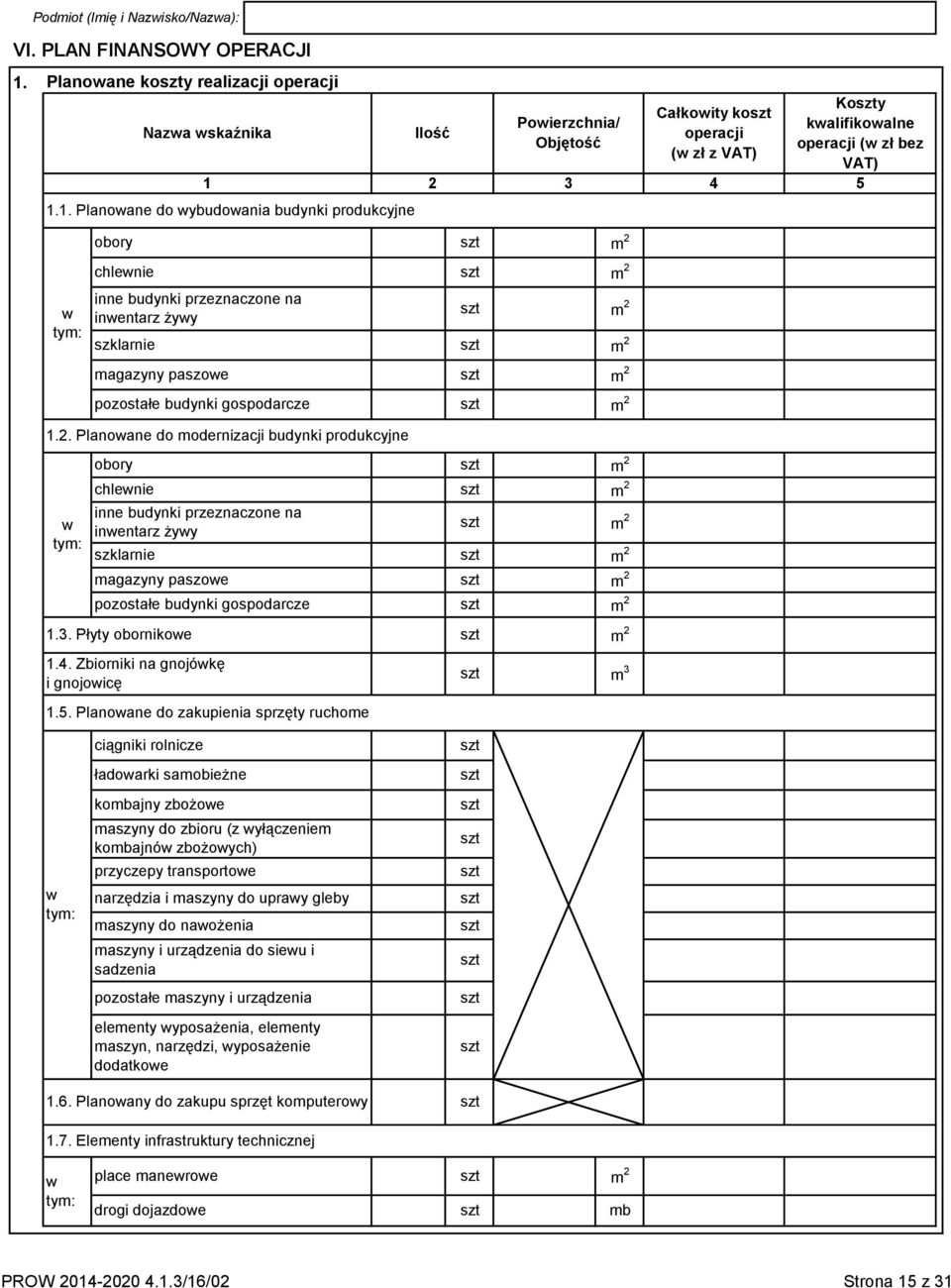 gospodarcze 1.2. Planowane do modernizacji budynki produkcyjne w tym: obory chlewnie inne budynki przeznaczone na inwentarz żywy szklarnie magazyny paszowe pozostałe budynki gospodarcze 1.3.