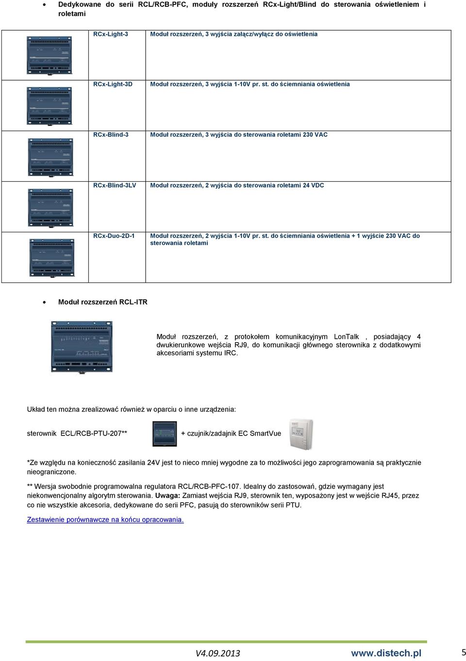 do ściemniania oświetlenia RCx-Blind-3 Moduł rozszerzeń, 3 wyjścia do sterowania roletami 230 VAC RCx-Blind-3LV Moduł rozszerzeń, 2 wyjścia do sterowania roletami 24 VDC RCx-Duo-2D-1 Moduł