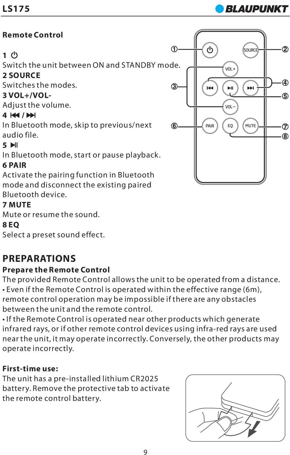 8 EQ Select a preset sound effect. PREPARATIONS Prepare the Remote Control The provided Remote Control allows the unit to be operated from a distance.