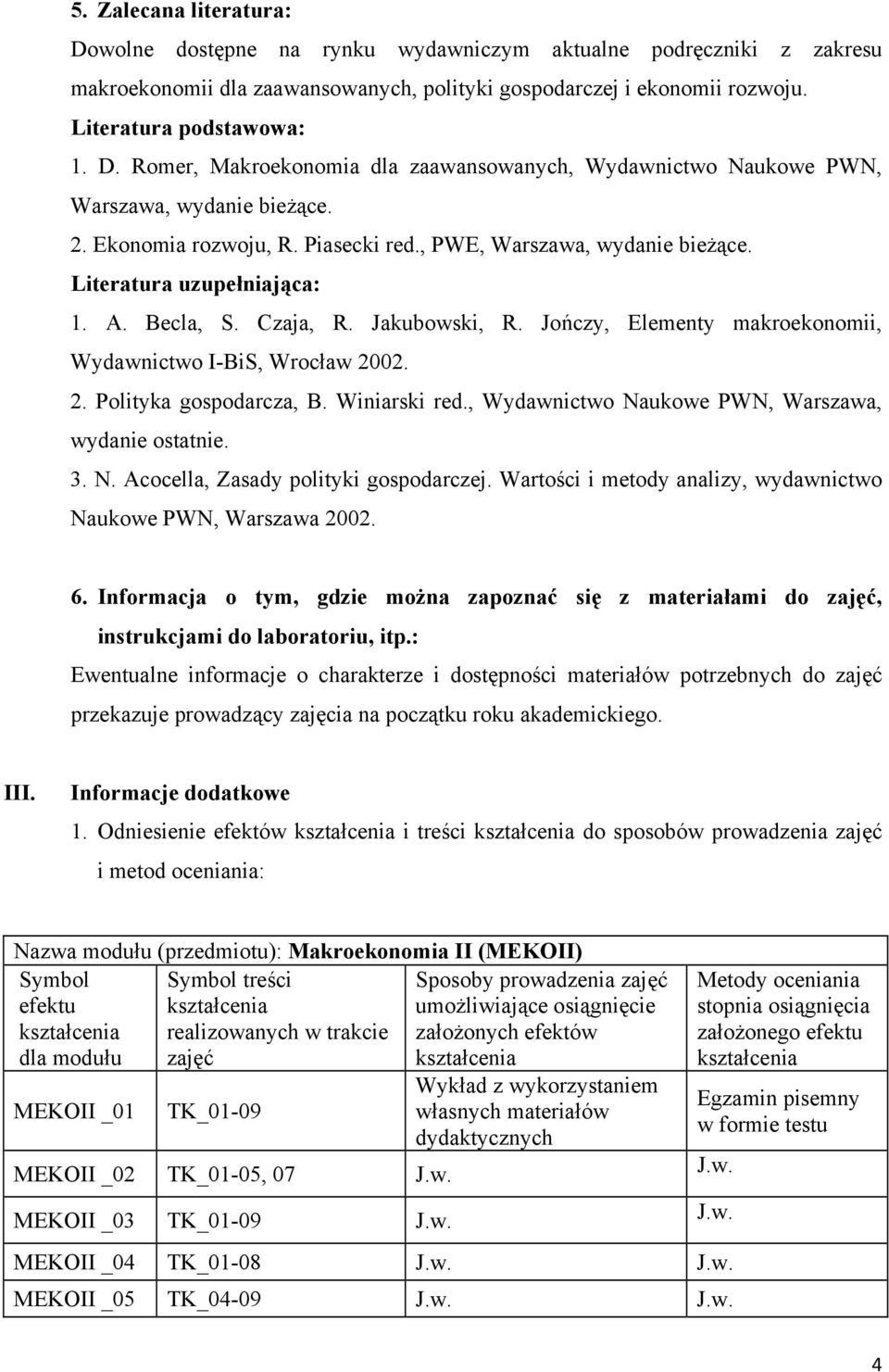 Jończy, Elementy makroekonomii, Wydawnictwo I-BiS, Wrocław 2002. 2. Polityka gospodarcza, B. Winiarski red., Wydawnictwo Naukowe PWN, Warszawa, wydanie ostatnie. 3. N. Acocella, Zasady polityki gospodarczej.