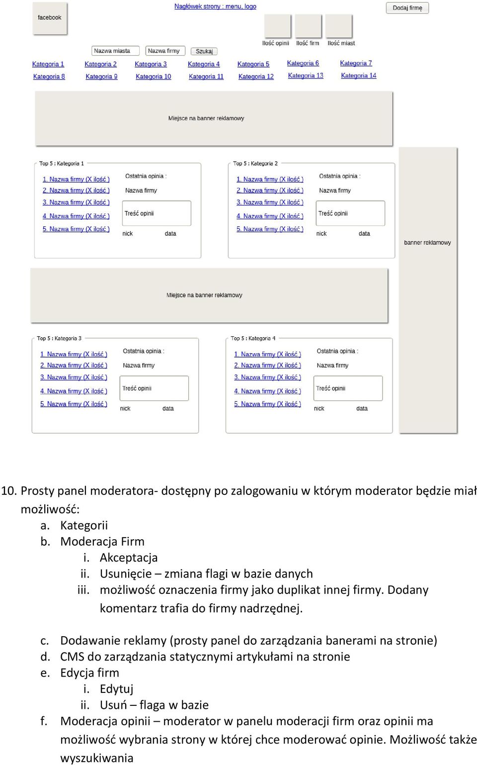 Dodawanie reklamy (prosty panel do zarządzania banerami na stronie) d. CMS do zarządzania statycznymi artykułami na stronie e. Edycja firm i. Edytuj ii.