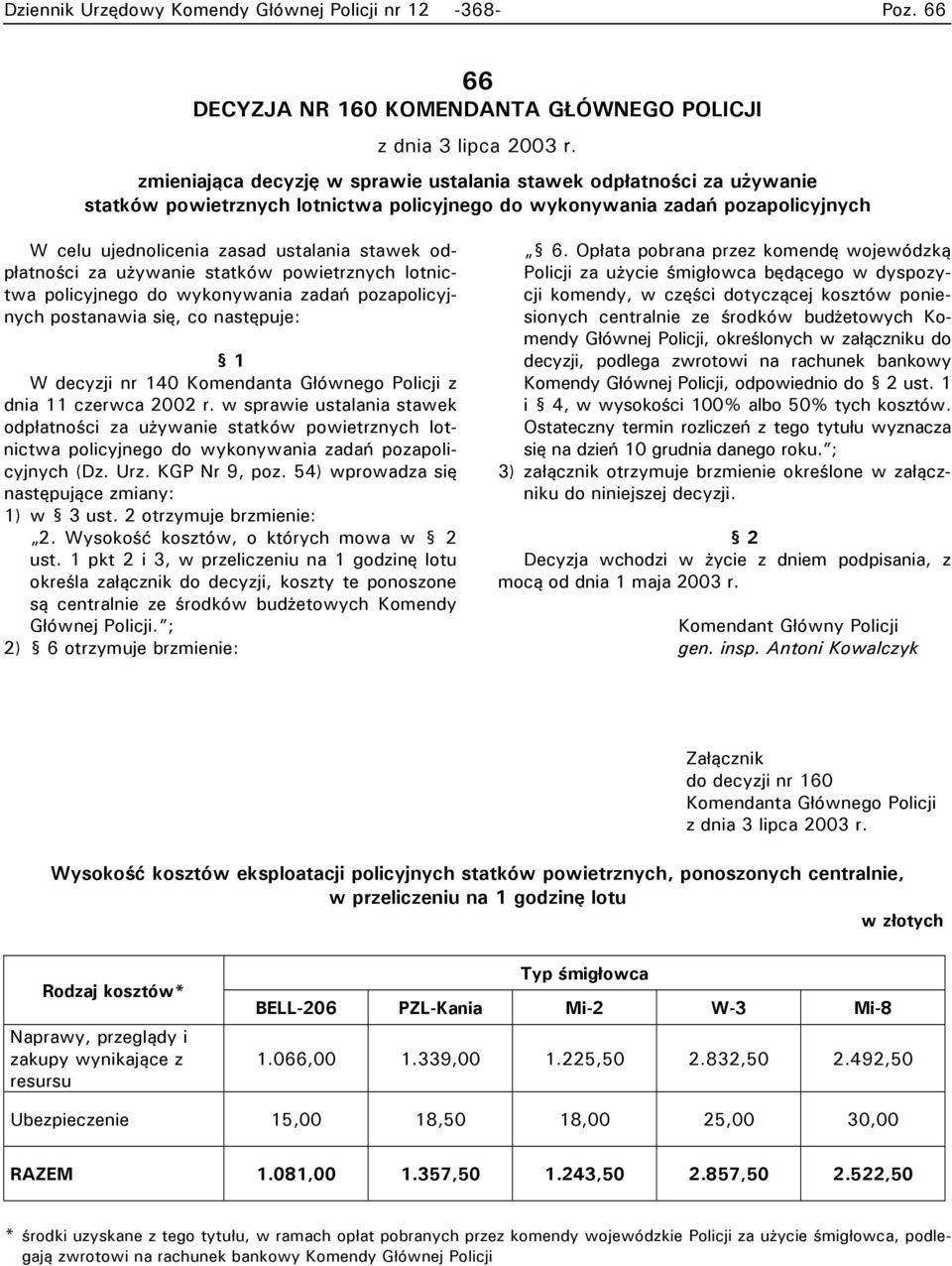 odpłatności za używanie statków powietrznych lotnictwa policyjnego do wykonywania zadań pozapolicyjnych postanawia się, co następuje: 1 W decyzji nr 140 Komendanta Głównego Policji z dnia 11 czerwca