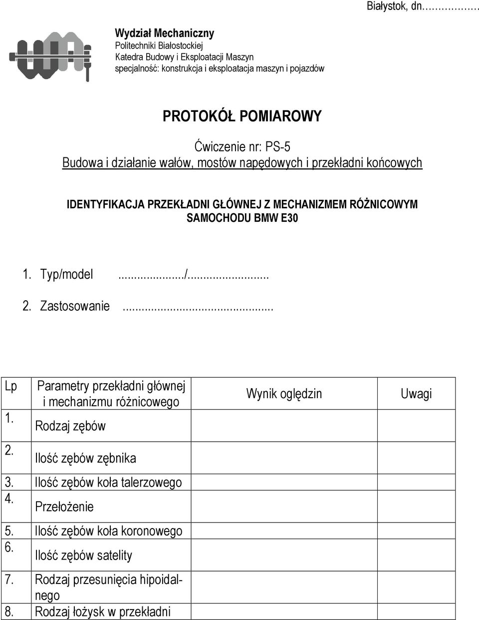 BMW E30 1. Typ/model.../... 2. Zastosowanie... Lp 1. 2. Parametry przekładni głównej i mechanizmu róŝnicowego Rodzaj zębów Ilość zębów zębnika 3.