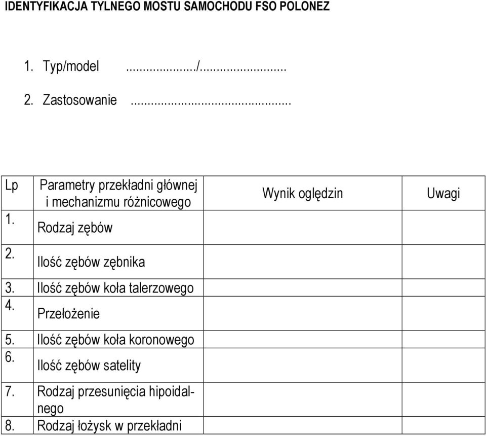 Ilość zębów koła talerzowego 4. PrzełoŜenie 5. Ilość zębów koła koronowego 6.