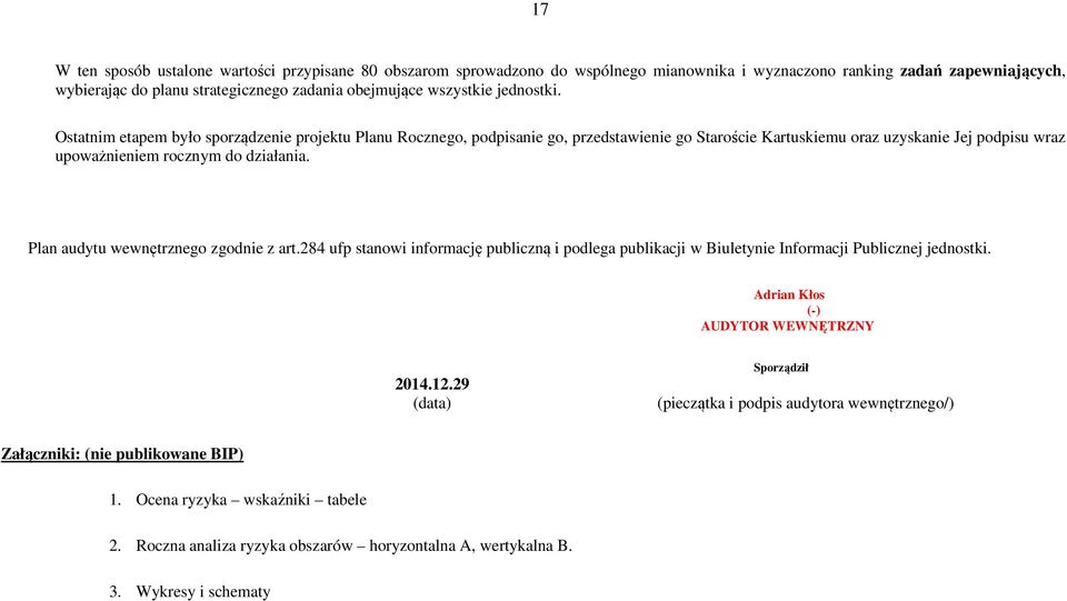 Plan audytu wewnętrznego zgodnie z art.284 ufp stanowi informację publiczną i podlega publikacji w Biuletynie Informacji Publicznej jednostki. Adrian Kłos (-) AUDYTOR WEWNĘTRZNY 2014.12.