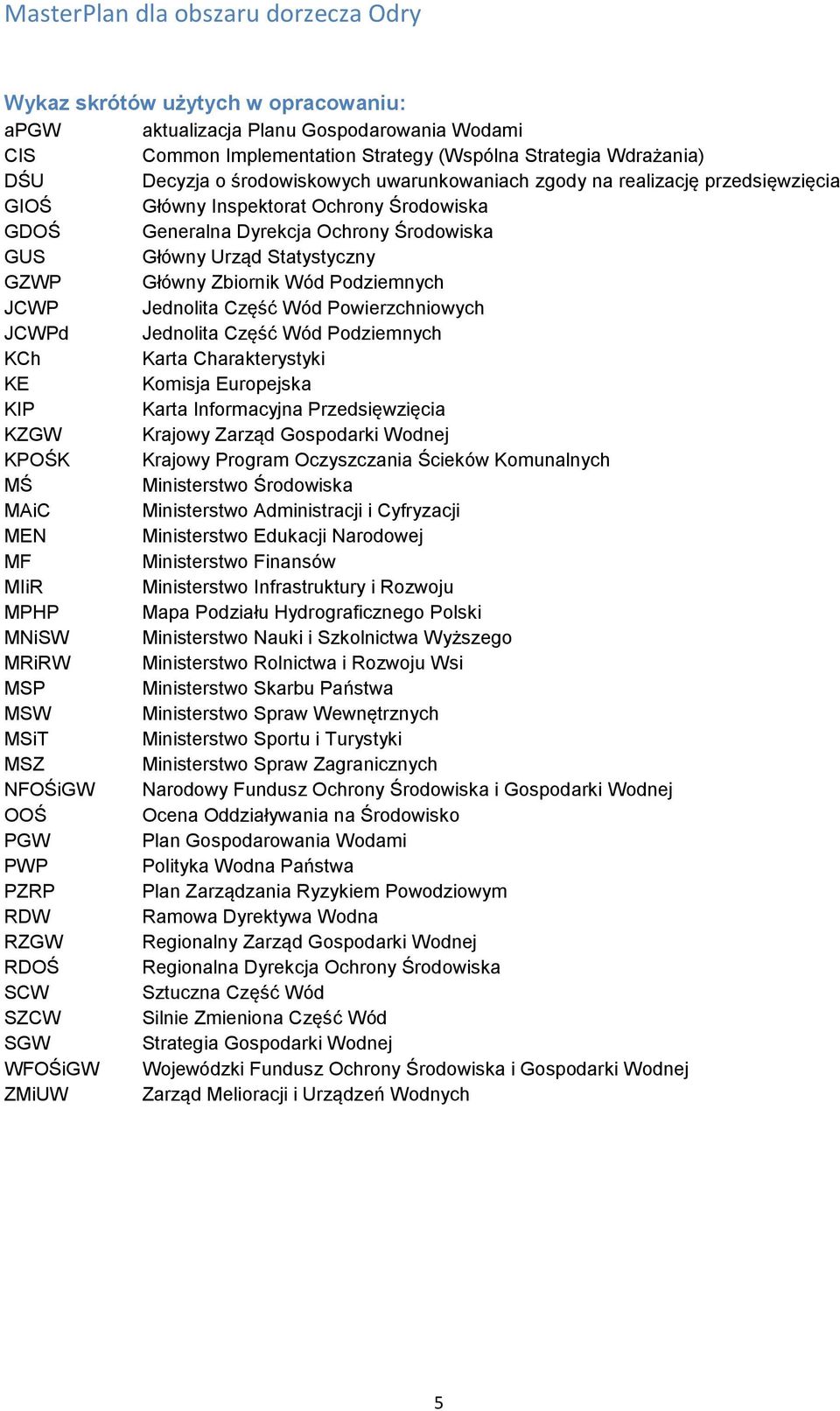 Część Wód Powierzchniowych JCWPd Jednolita Część Wód Podziemnych KCh Karta Charakterystyki KE Komisja Europejska KIP Karta Informacyjna Przedsięwzięcia KZGW Krajowy Zarząd Gospodarki Wodnej KPOŚK