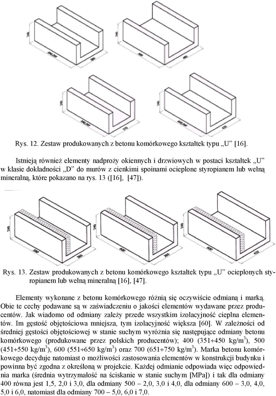 13 ([16], [47]). Rys. 13. Zestaw produkowanych z betonu komórkowego kształtek typu U ocieplonych styropianem lub wełną mineralną [16], [47].