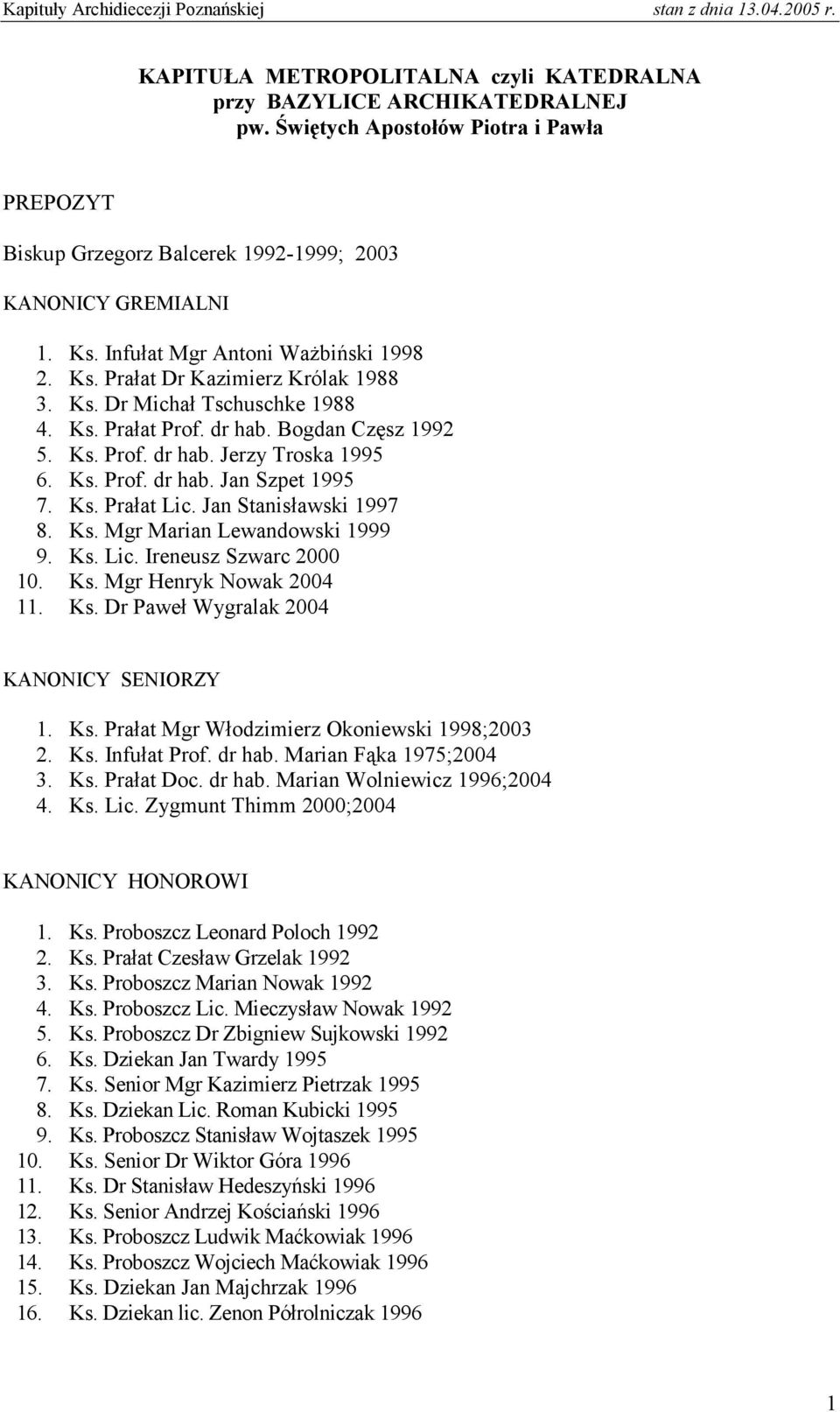 Ks. Lic. Ireneusz Szwarc 2000 10. Ks. Mgr Henryk Nowak 2004 11. Ks. Dr Paweł Wygralak 2004 KANONICY SENIORZY 1. Ks. Prałat Mgr Włodzimierz Okoniewski 1998;2003 2. Ks. Infułat Prof. dr hab.