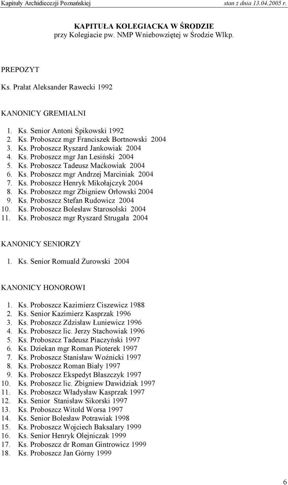 Ks. Proboszcz mgr Zbigniew Orłowski 2004 9. Ks. Proboszcz Stefan Rudowicz 2004 10. Ks. Proboszcz Bolesław Starosolski 2004 11. Ks. Proboszcz mgr Ryszard Strugała 2004 KANONICY SENIORZY 1. Ks. Senior Romuald Żurowski 2004 1.