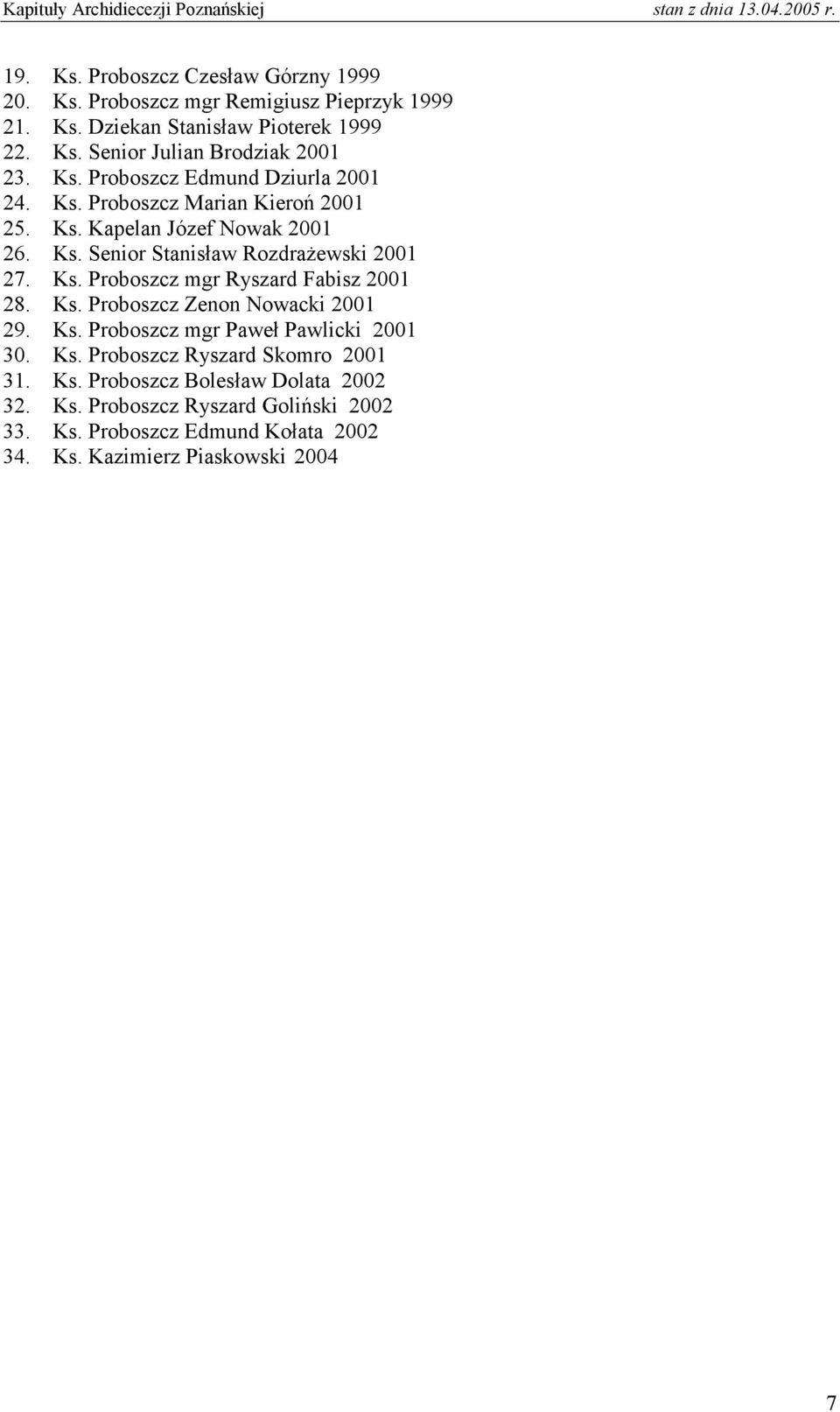 Ks. Proboszcz Zenon Nowacki 2001 29. Ks. Proboszcz mgr Paweł Pawlicki 2001 30. Ks. Proboszcz Ryszard Skomro 2001 31. Ks. Proboszcz Bolesław Dolata 2002 32.