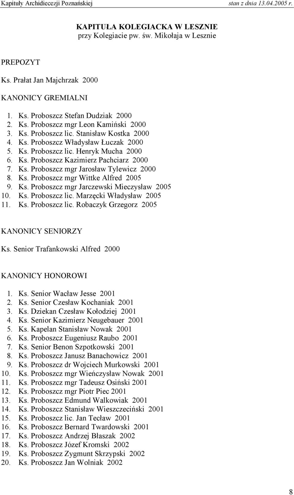 Ks. Proboszcz mgr Jarczewski Mieczysław 2005 10. Ks. Proboszcz lic. Marzęcki Władysław 2005 11. Ks. Proboszcz lic. Robaczyk Grzegorz 2005 KANONICY SENIORZY Ks. Senior Trafankowski Alfred 2000 1. Ks. Senior Wacław Jesse 2001 2.