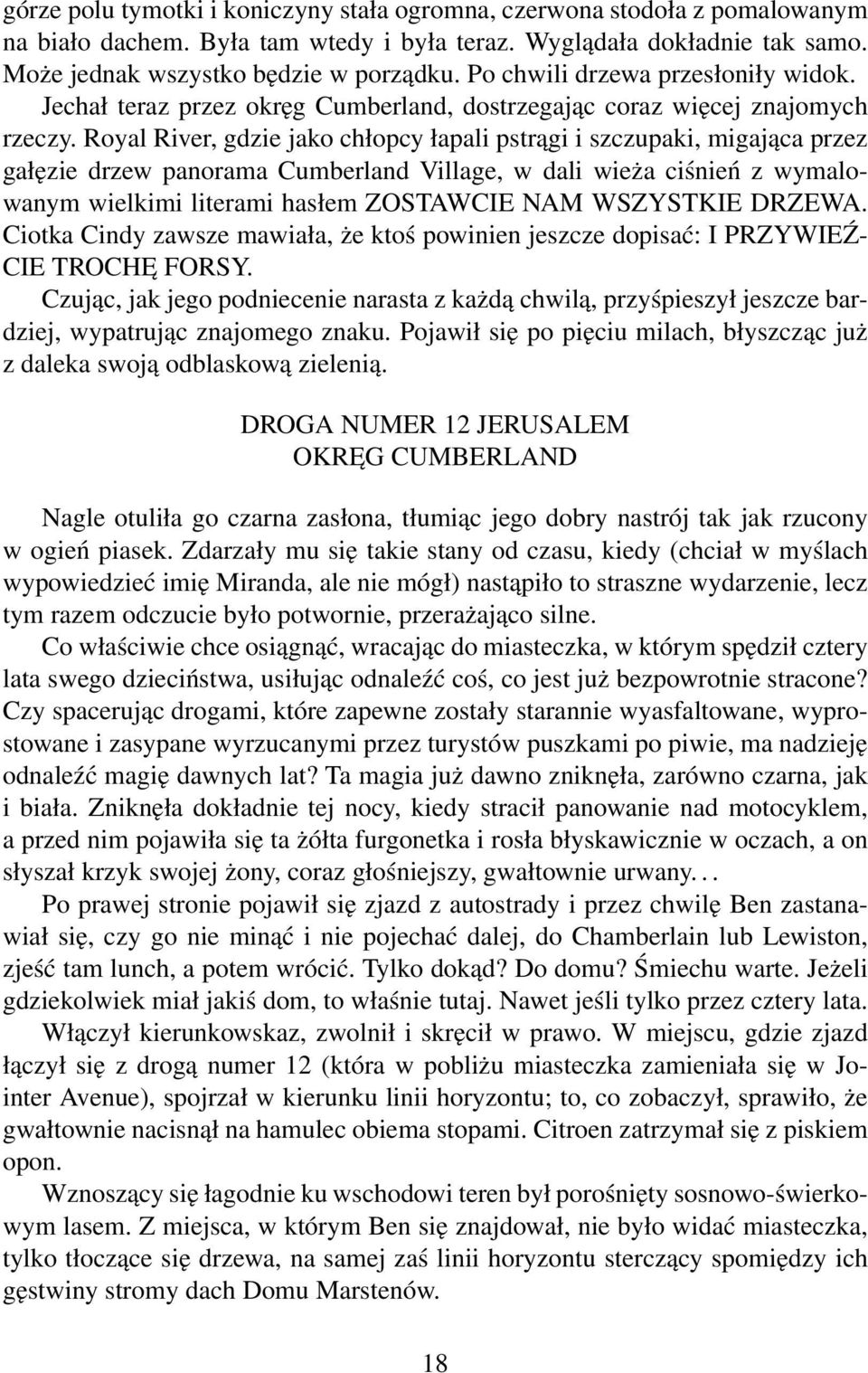 Royal River, gdzie jako chłopcy łapali pstrągi i szczupaki, migająca przez gałęzie drzew panorama Cumberland Village, w dali wieża ciśnień z wymalowanym wielkimi literami hasłem ZOSTAWCIE NAM