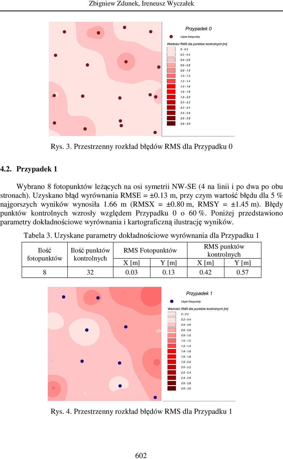 13 m, przy czym wartość błędu dla 5 % najgorszych wyników wynosiła 1.66 m (RMSX = ±0.80 m, RMSY = ±1.45 m). Błędy punktów wzrosły względem Przypadku 0 o 60 %.