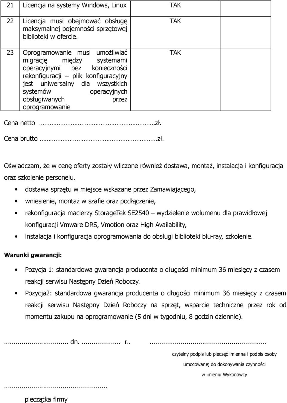 oprogramowanie Cena netto zł. Cena brutto.zł. Oświadczam, że w cenę oferty zostały wliczone również dostawa, montaż, instalacja i konfiguracja oraz szkolenie personelu.