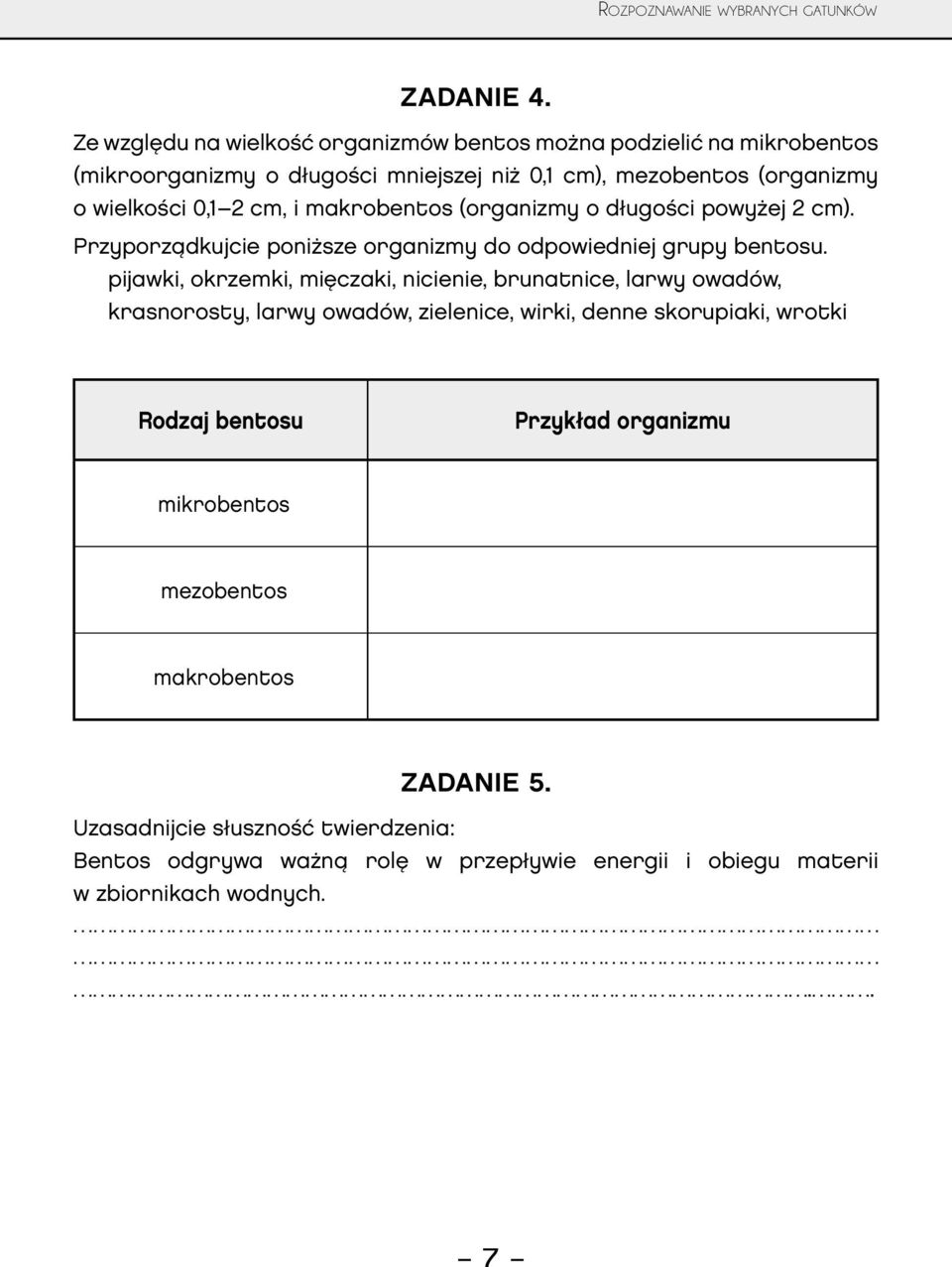 makrobentos (organizmy o długości powyżej 2 cm). Przyporządkujcie poniższe organizmy do odpowiedniej grupy bentosu.