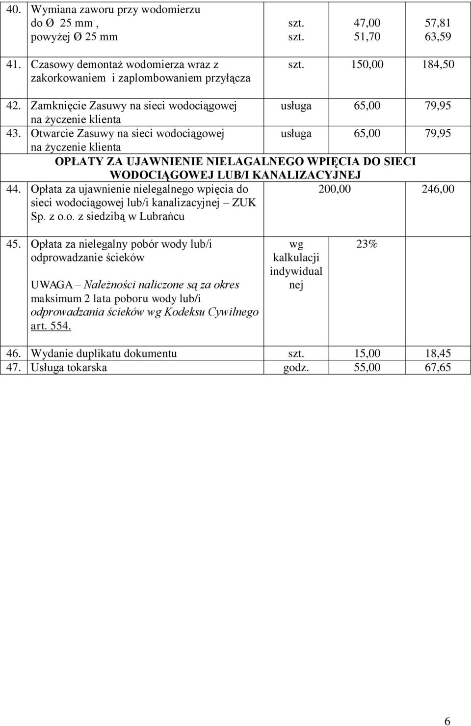 Otwarcie Zasuwy na sieci wodociągowej usługa 65,00 79,95 na życzenie klienta OPŁATY ZA UJAWNIENIE NIELAGALNEGO WPIĘCIA DO SIECI WODOCIĄGOWEJ LUB/I KANALIZACYJNEJ 44.