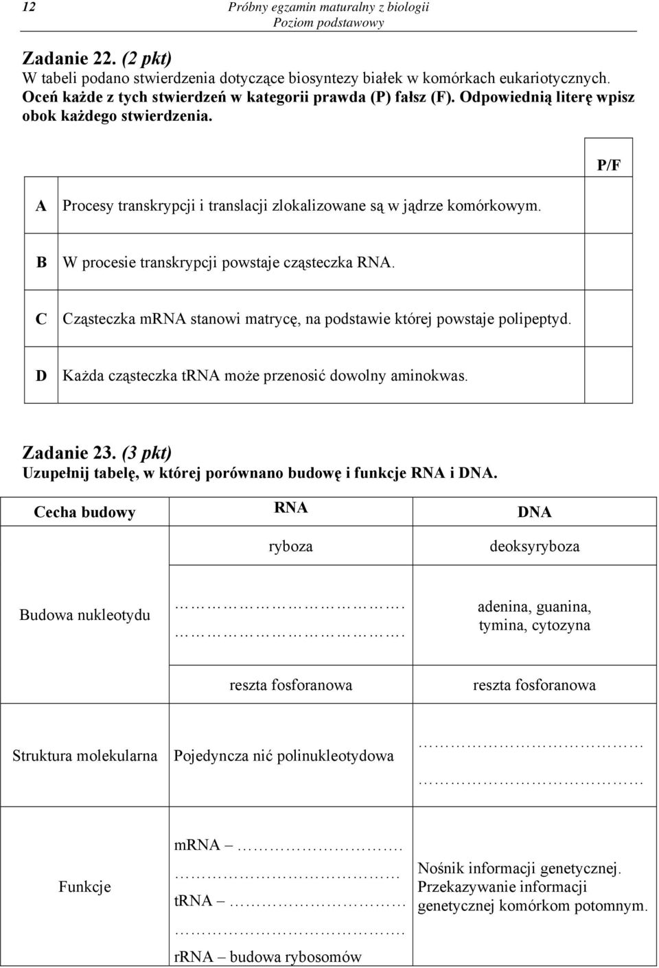 P/F B W procesie transkrypcji powstaje cząsteczka RNA. C Cząsteczka mrna stanowi matrycę, na podstawie której powstaje polipeptyd. D Każda cząsteczka trna może przenosić dowolny aminokwas. Zadanie 23.