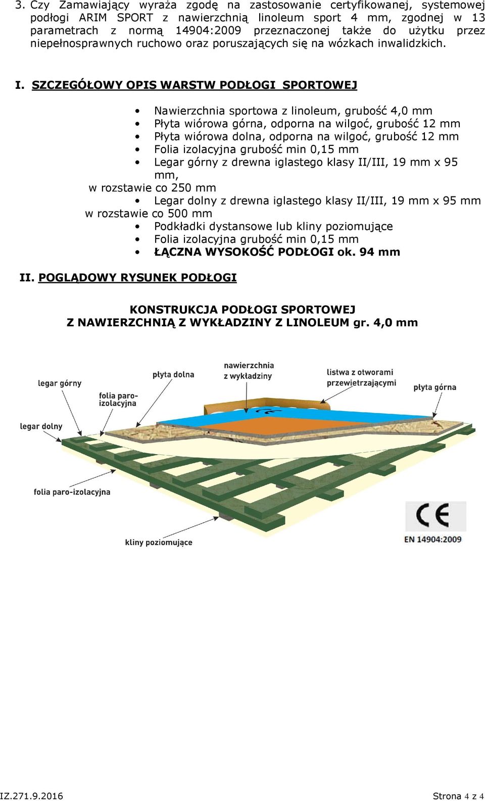 SZCZEGÓŁOWY OPIS WARSTW PODŁOGI SPORTOWEJ Nawierzchnia sportowa z linoleum, grubość 4,0 mm Płyta wiórowa górna, odporna na wilgoć, grubość 12 mm Płyta wiórowa dolna, odporna na wilgoć, grubość 12 mm