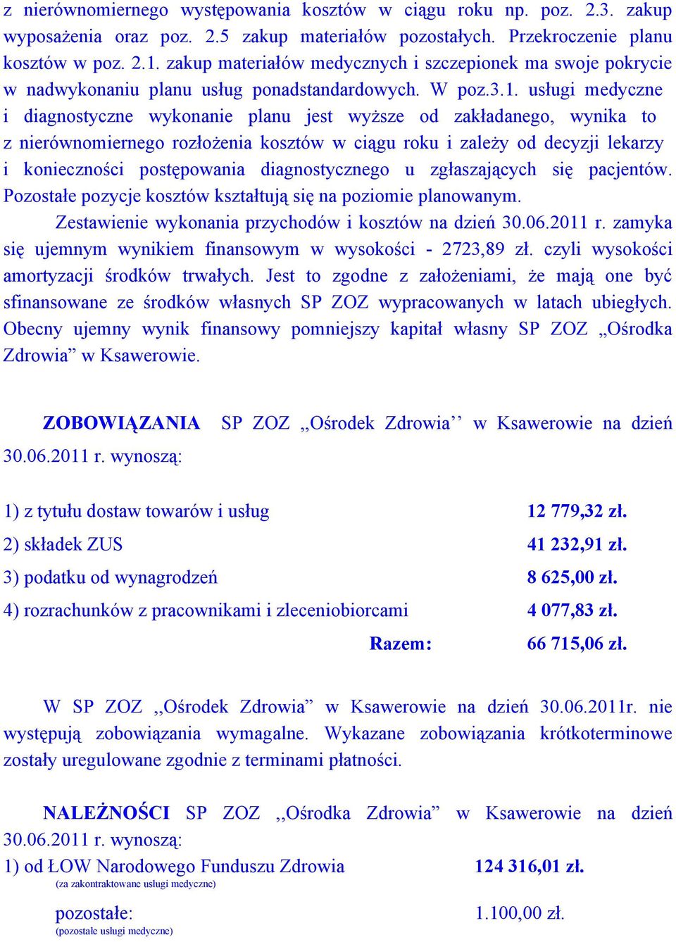 usługi medyczne i diagnostyczne wykonanie planu jest wyższe od zakładanego, wynika to z nierównomiernego rozłożenia kosztów w ciągu roku i zależy od decyzji lekarzy i konieczności postępowania